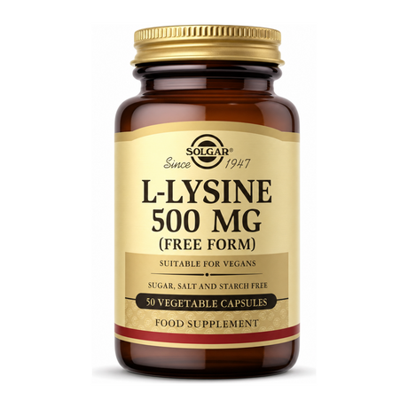 L-Lysine 500 mg by Solgar Natural Remedies — front view showing product label and branding, studio product photo on white background