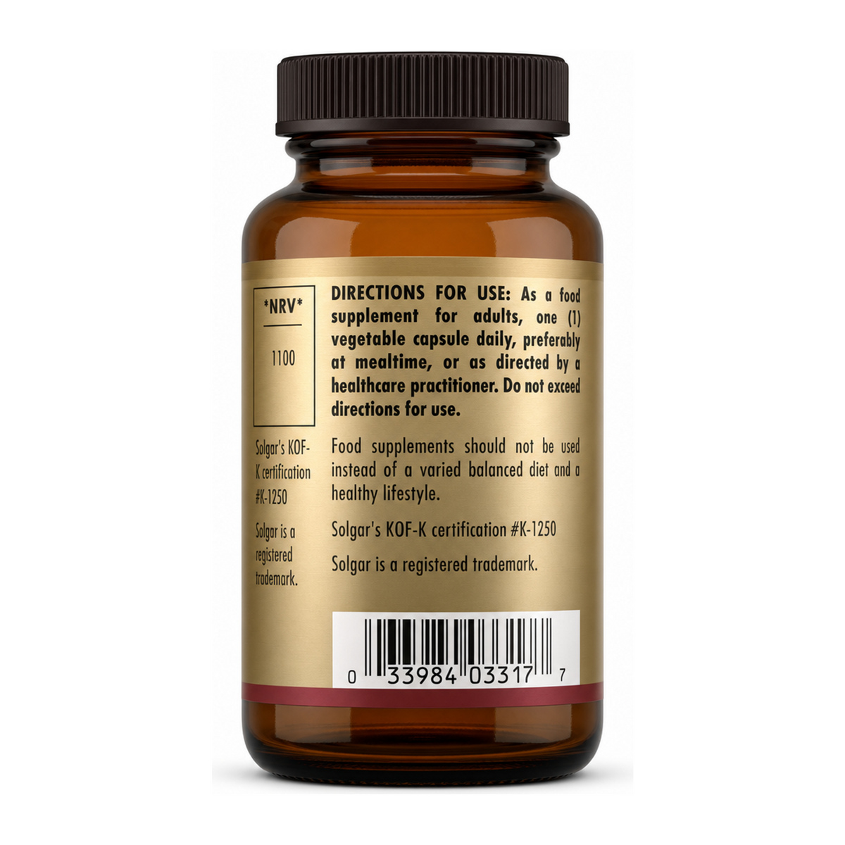 Solgar Vitamin D3 (Cholecalciferol) 2200 IU by Solgar Natural Remedies — back view showing ingredients and product details, studio product photo on white background