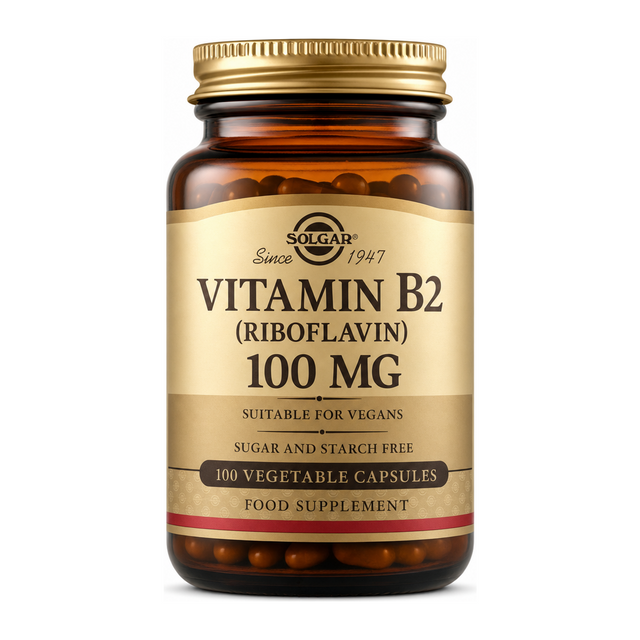 Solgar Vitamin B2 (Riboflavin) 100 mg by Solgar Natural Remedies — front view showing product label and branding, studio product photo on white background