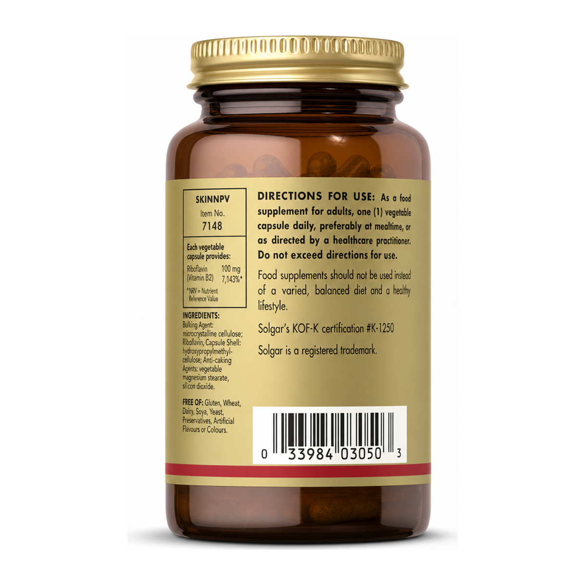 Solgar Vitamin B2 (Riboflavin) 100 mg by Solgar Natural Remedies — back view showing ingredients and product details, studio product photo on white background