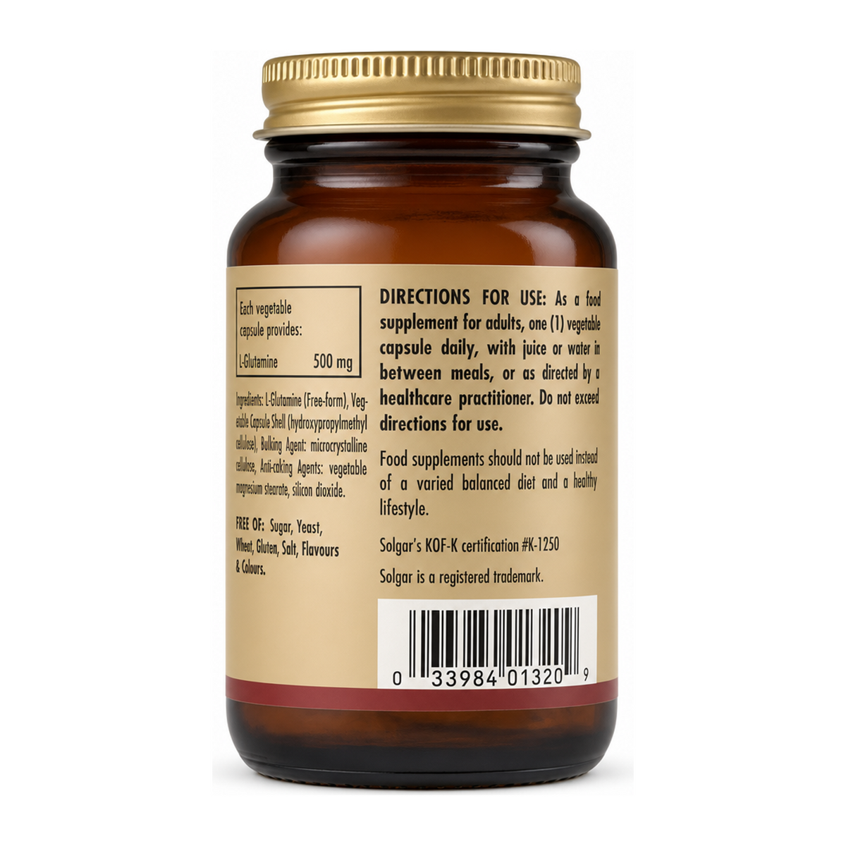 Solgar L-Glutamine 500 mg by Solgar Natural Remedies — back view showing ingredients and product details, studio product photo on white background