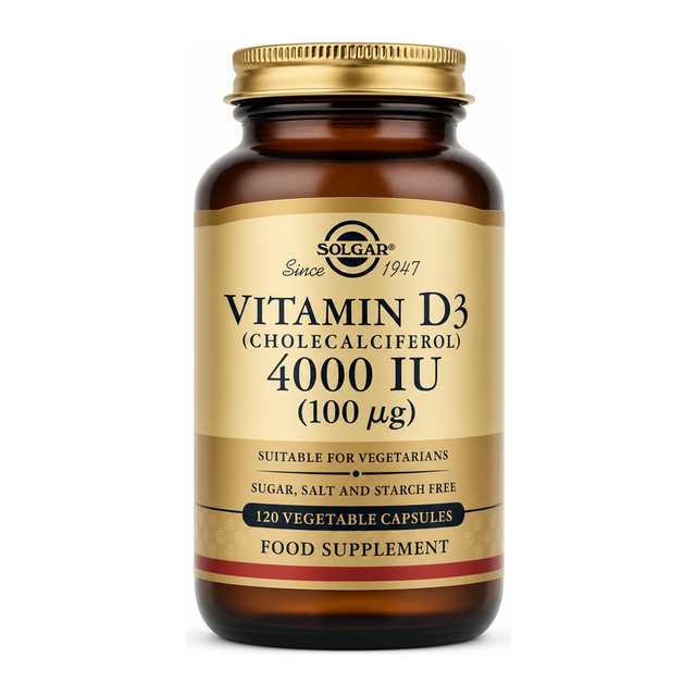 Solgar Vitamin D3 (Cholecalciferol) 4000 IU by Solgar Natural Remedies — front view showing product label and branding, studio product photo on white background