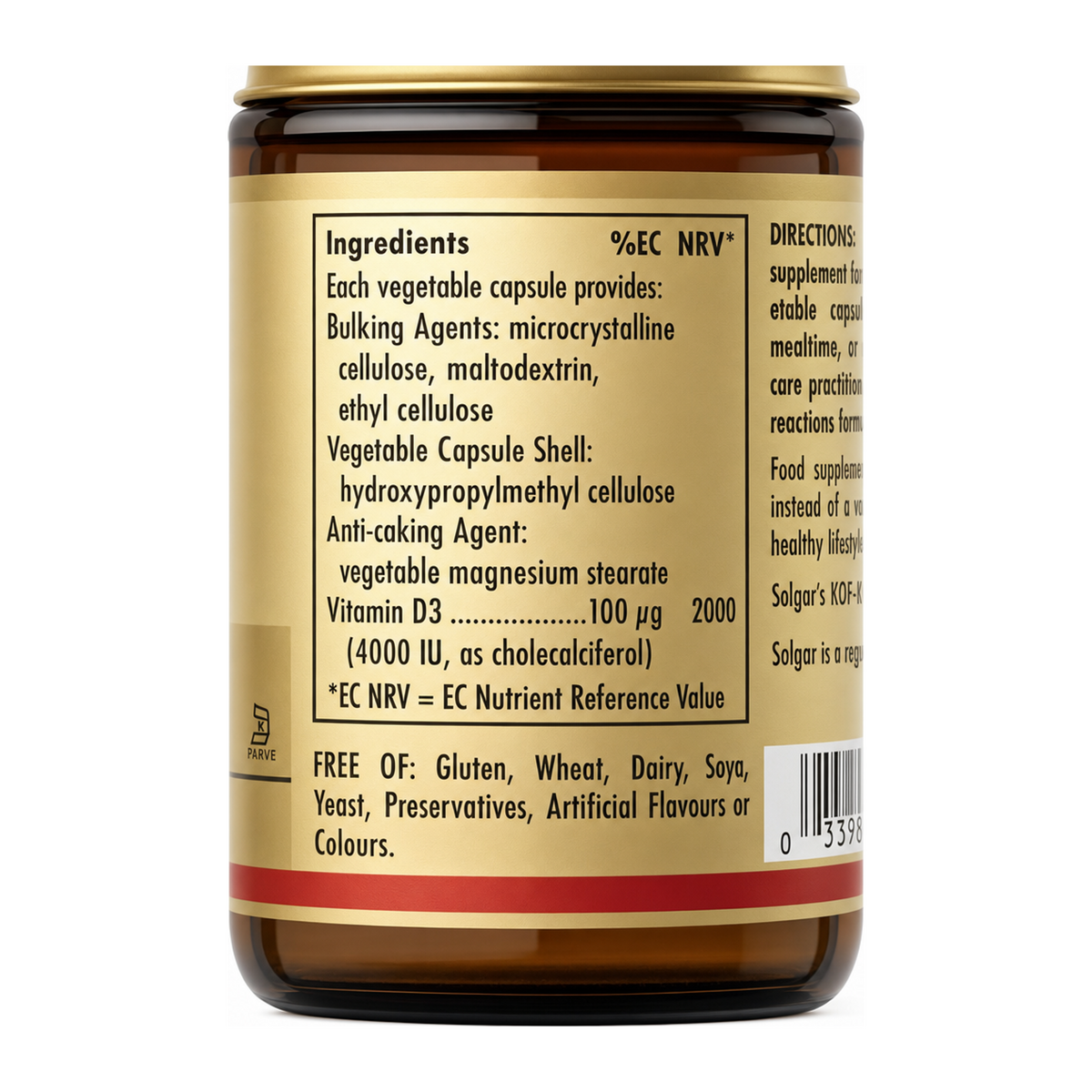 Solgar Vitamin D3 (Cholecalciferol) 4000 IU by Solgar Natural Remedies — ingredients side panel, studio product photo on white background