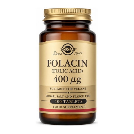 Solgar Folacin (Folic Acid) 400 mcg by Solgar Natural Remedies — front view showing product label and branding, studio product photo on white background