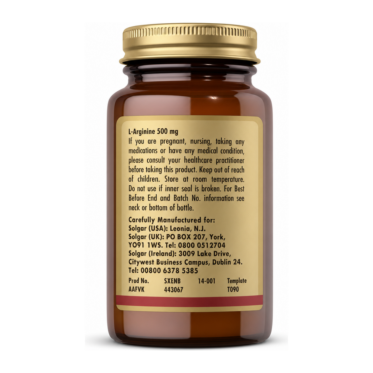 Solgar L-Arginine 500 mg by Solgar Natural Remedies — back view showing ingredients and product details, studio product photo on white background