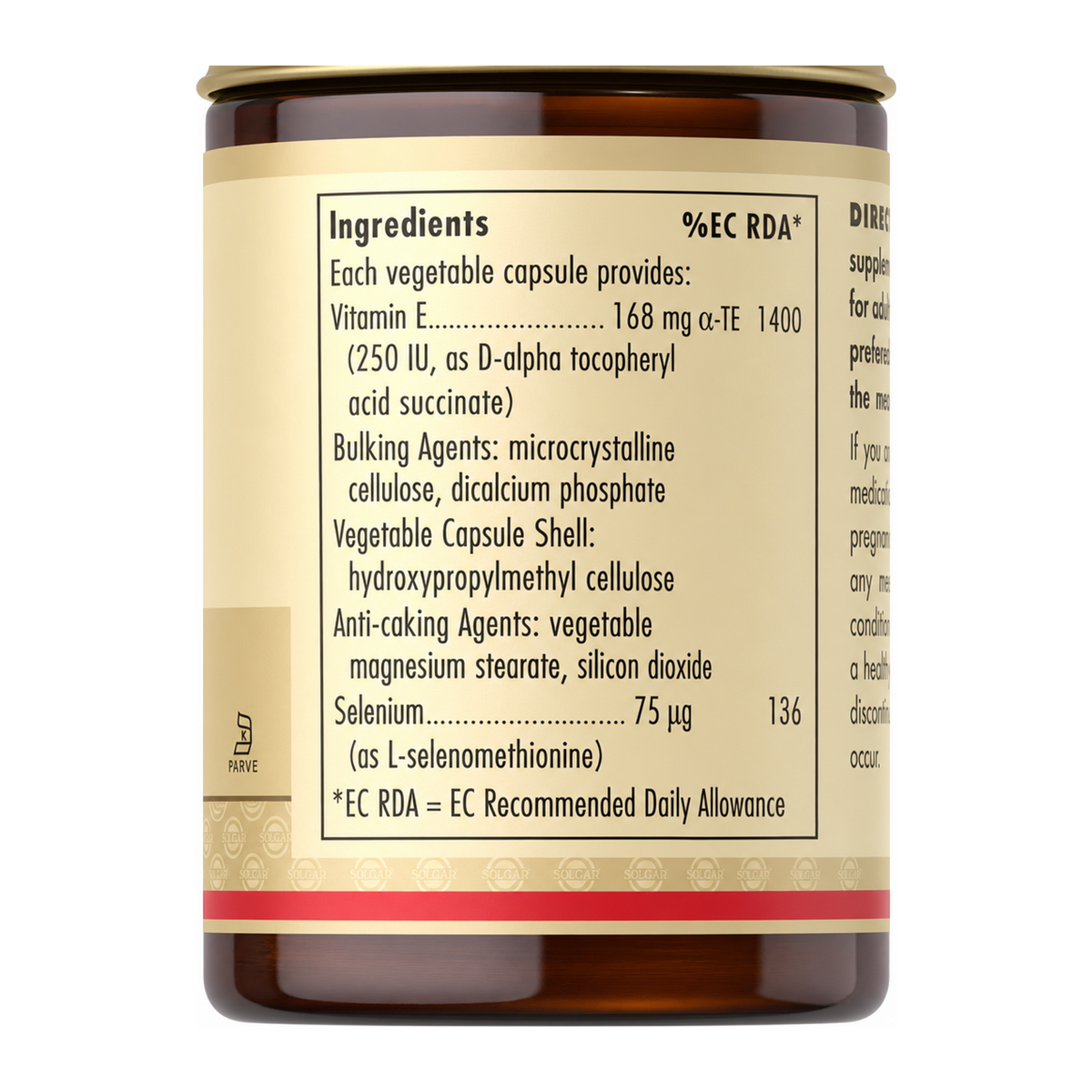 Solgar Vitamin E with Yeast-Free Selenium by Solgar Natural Remedies — ingredients side panel, studio product photo on white background