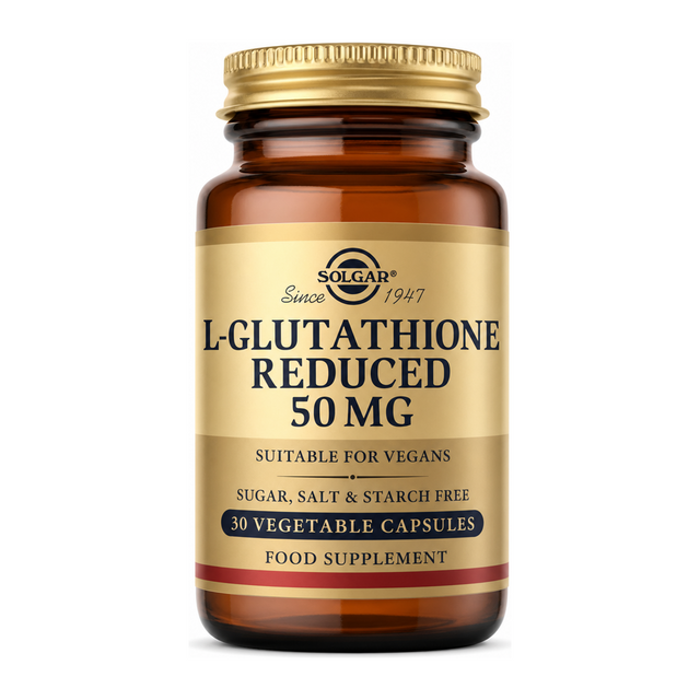 Solgar L-Glutathione Reduced 50 mg by Solgar Natural Remedies — front view showing product label and branding, studio product photo on white background
