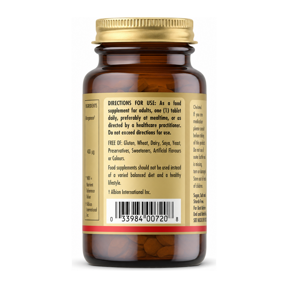 Solgar Chelated Manganese by Solgar Natural Remedies — back view showing ingredients and product details, studio product photo on white background