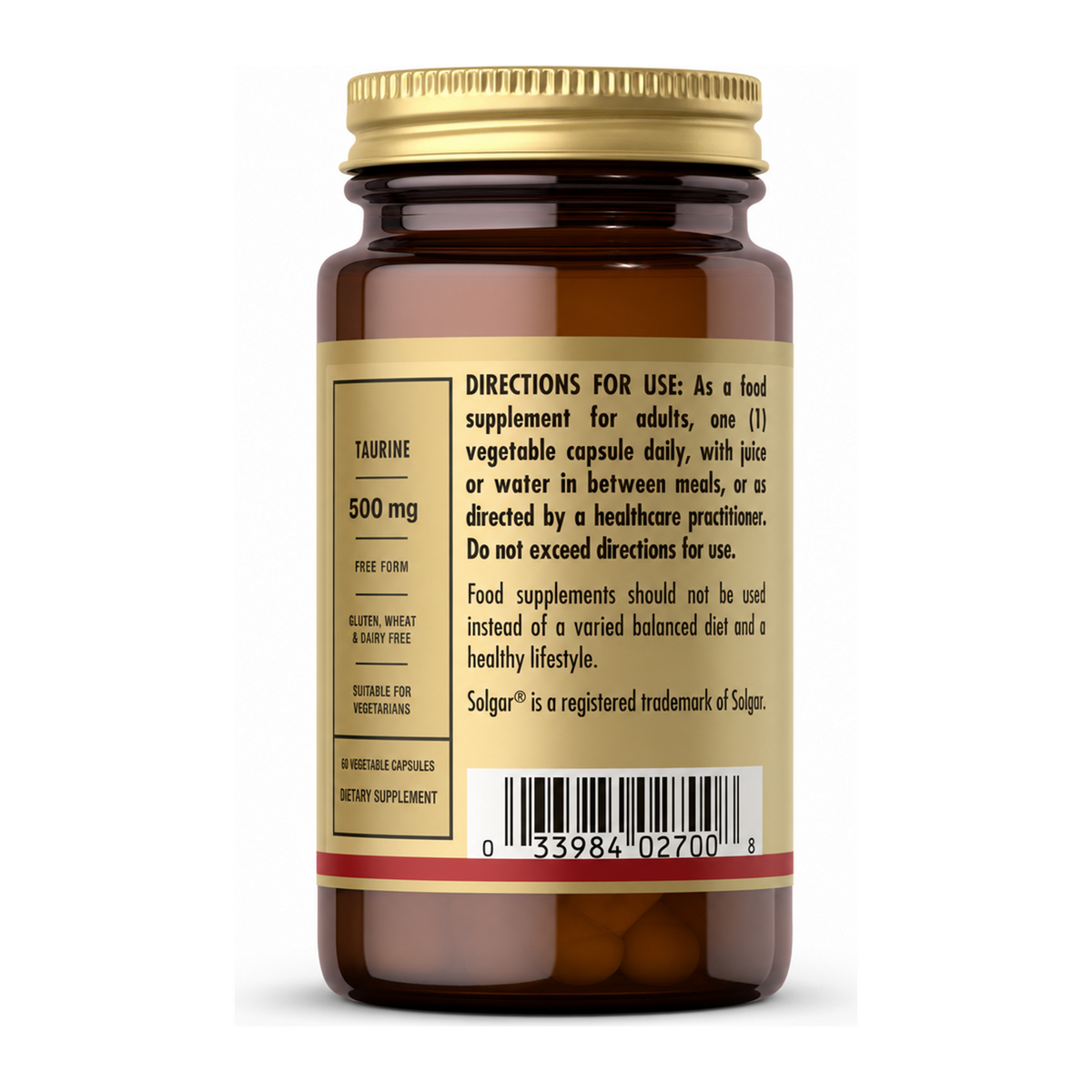 Solgar Taurine 500 mg by Solgar Natural Remedies — back view showing ingredients and product details, studio product photo on white background
