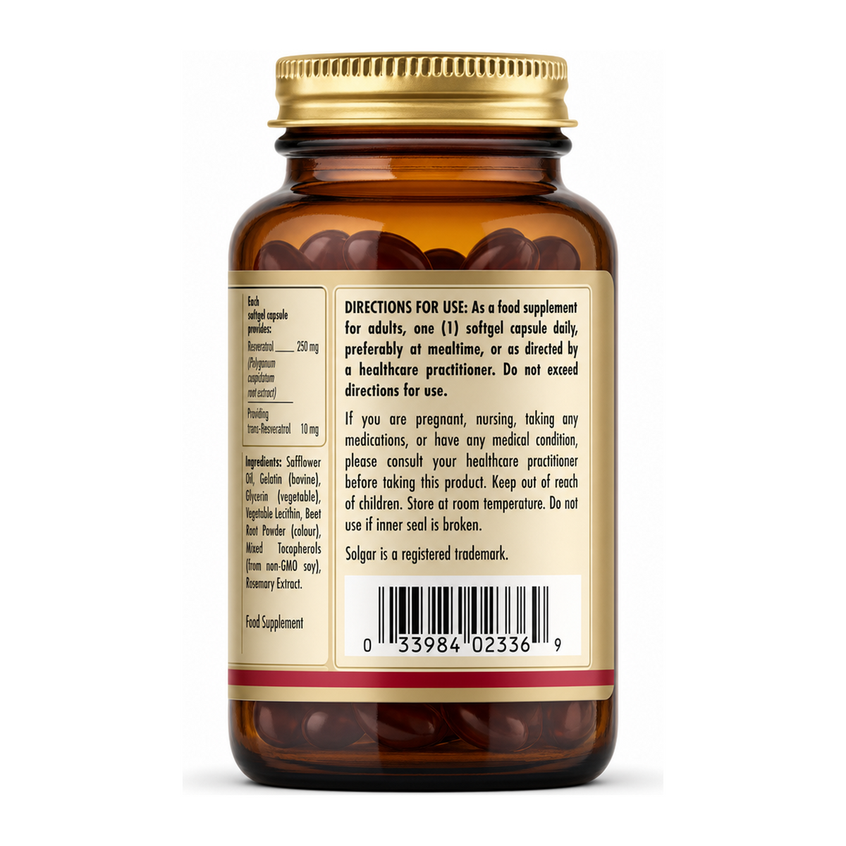 Solgar Resveratrol 250 mg by Solgar Natural Remedies — back view showing ingredients and product details, studio product photo on white background