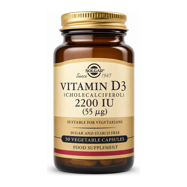 Solgar Vitamin D3 (Cholecalciferol) 2200 IU by Solgar Natural Remedies — front view showing product label and branding, studio product photo on white background