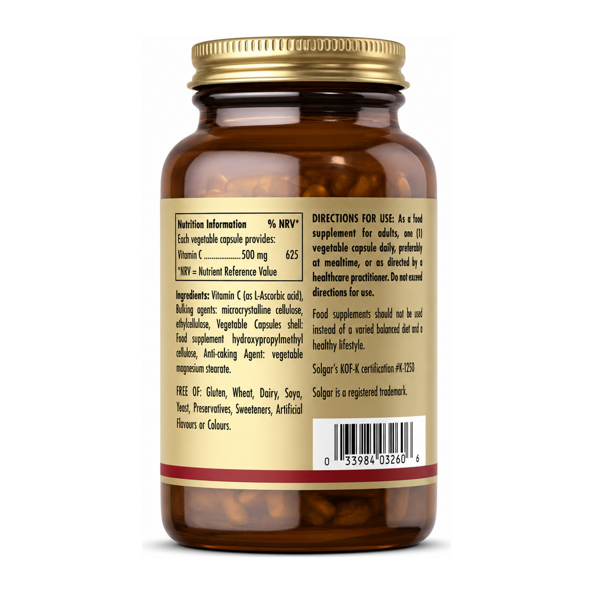 Solgar Vitamin C 500 mg Chewable Tablets by Solgar Natural Remedies — back view showing ingredients and product details, studio product photo on white background