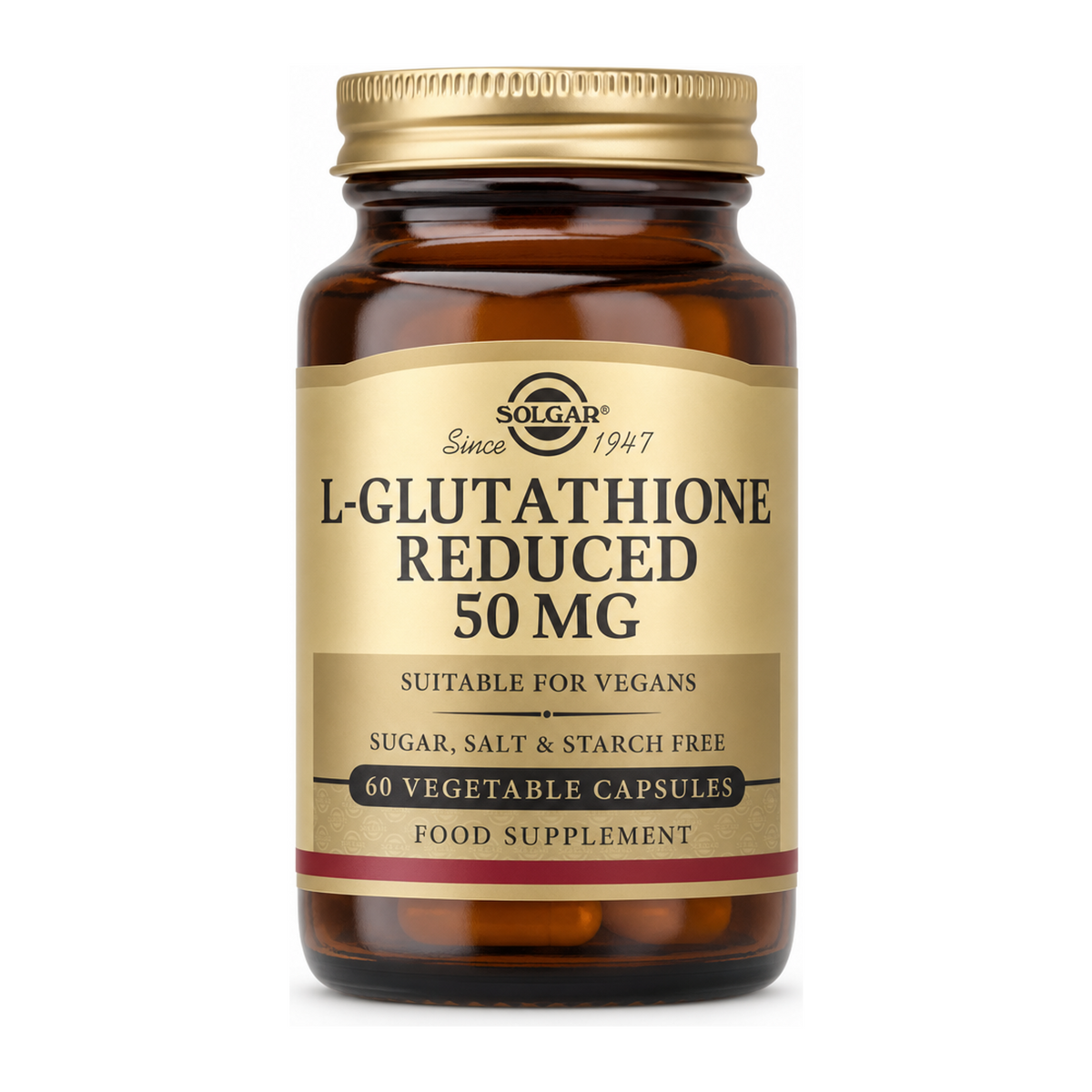Solgar L-Glutathione Reduced 50 mg by Solgar Natural Remedies — front view showing product label and branding, studio product photo on white background