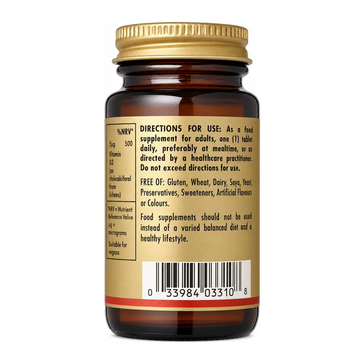 Solgar Vitamin D3 (Cholecalciferol) 1000 IU by Solgar Natural Remedies — back view showing ingredients and product details, studio product photo on white background