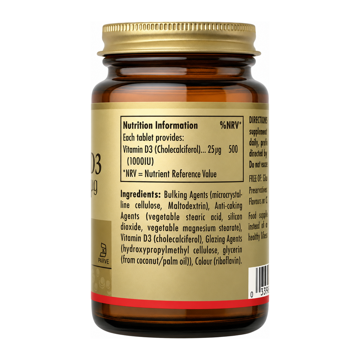 Solgar Vitamin D3 (Cholecalciferol) 1000 IU by Solgar Natural Remedies — nutrition facts side panel, studio product photo on white background