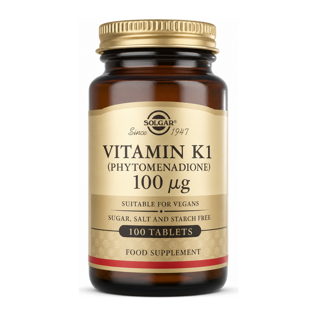Solgar Vitamin K1 100 mcg Tablets by Solgar Natural Remedies — front view showing product label and branding, studio product photo on white background