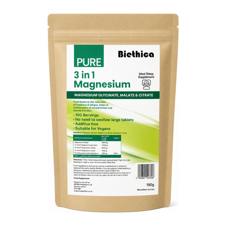Biethica Pure 3 in 1 Magnesium Powder by Biethica Vitamin & Mineral Supplements — front view showing product label and branding, studio product photo on white background