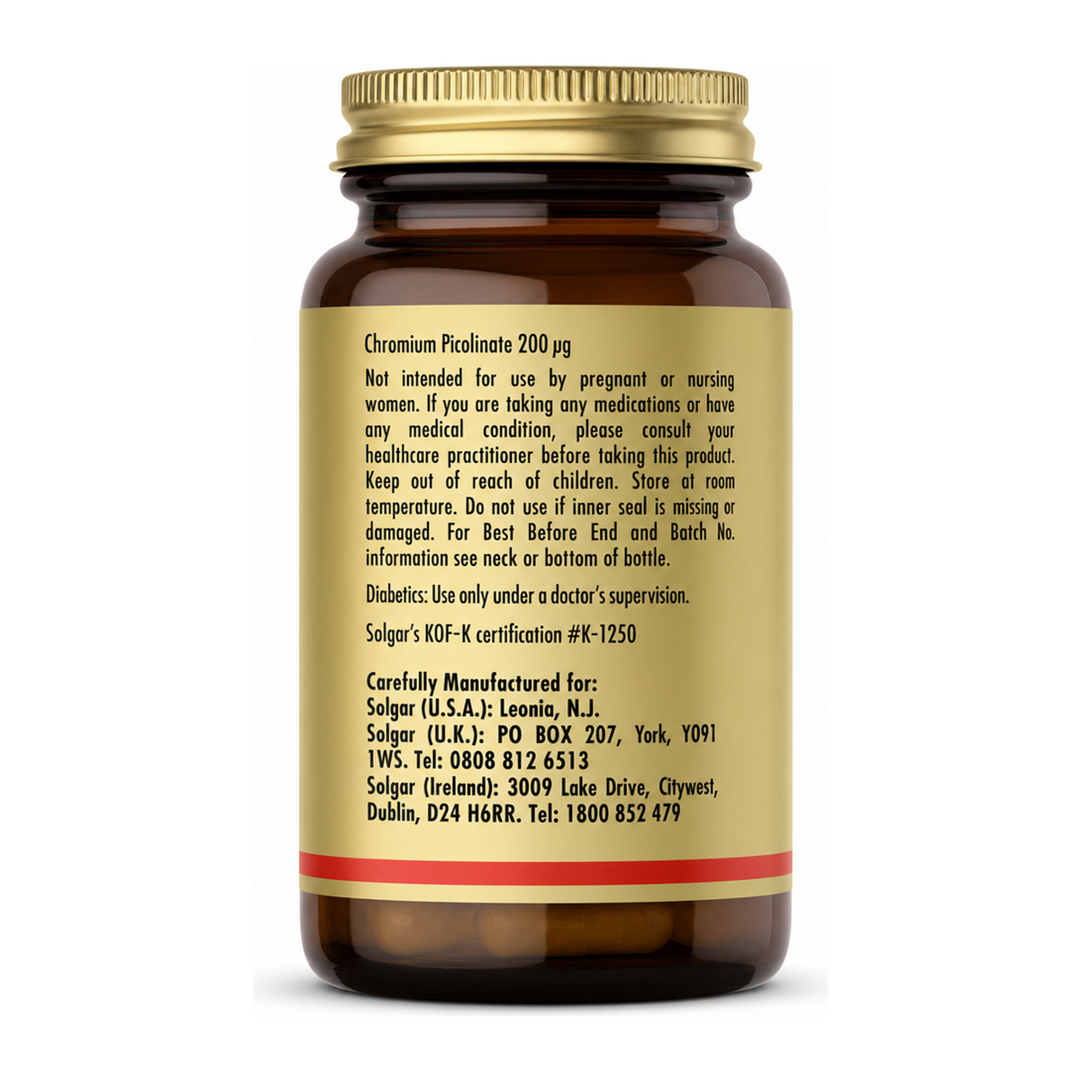 Solgar Chromium Picolinate 200 mcg by Solgar Natural Remedies — back view showing ingredients and product details, studio product photo on white background