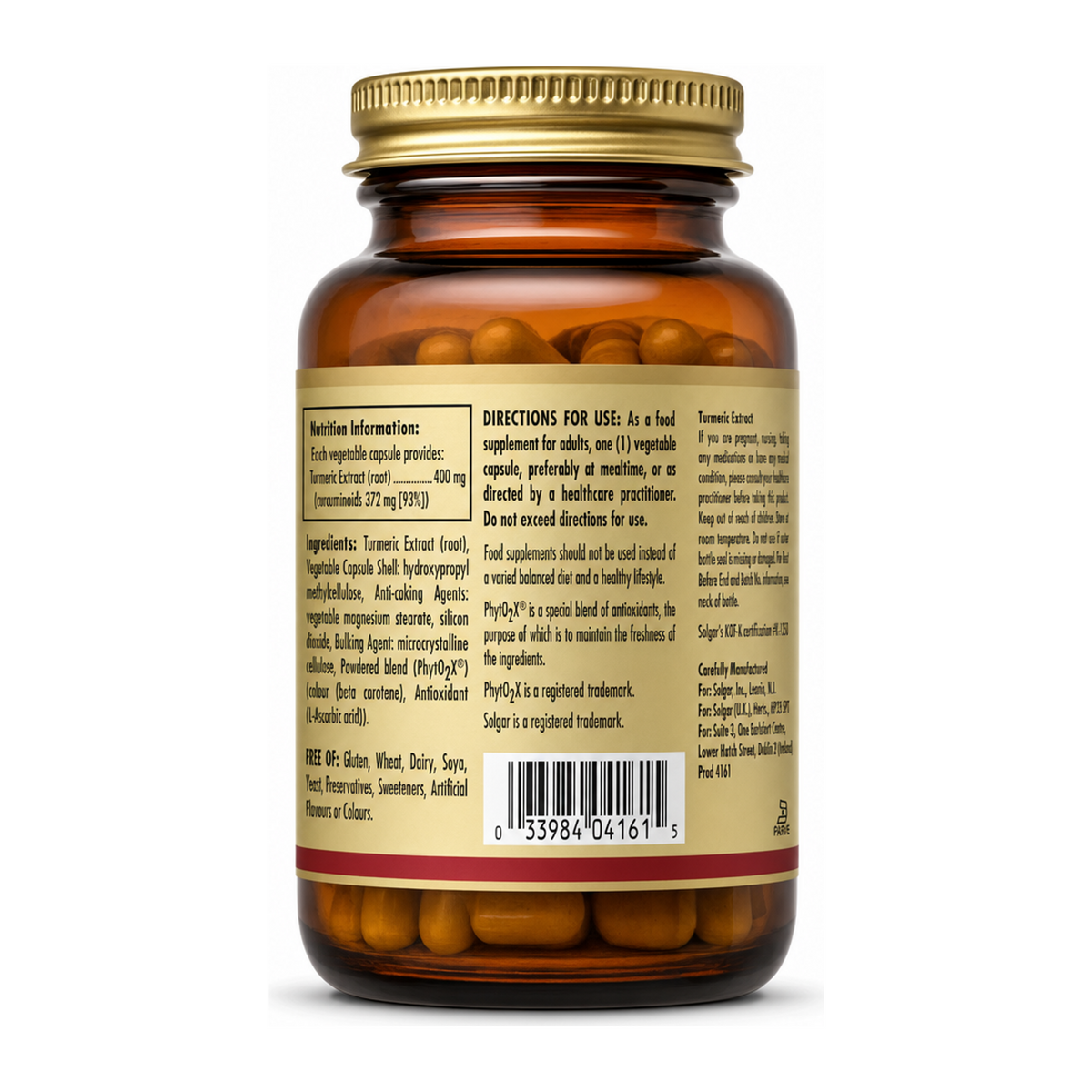 Solgar Turmeric Root Extract by Solgar Natural Remedies — back view showing ingredients and product details, studio product photo on white background