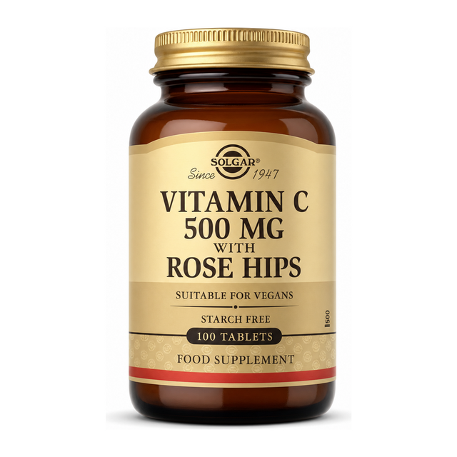 Solgar Vitamin C 500 mg with Rose Hips by Solgar Natural Remedies — front view showing product label and branding, studio product photo on white background