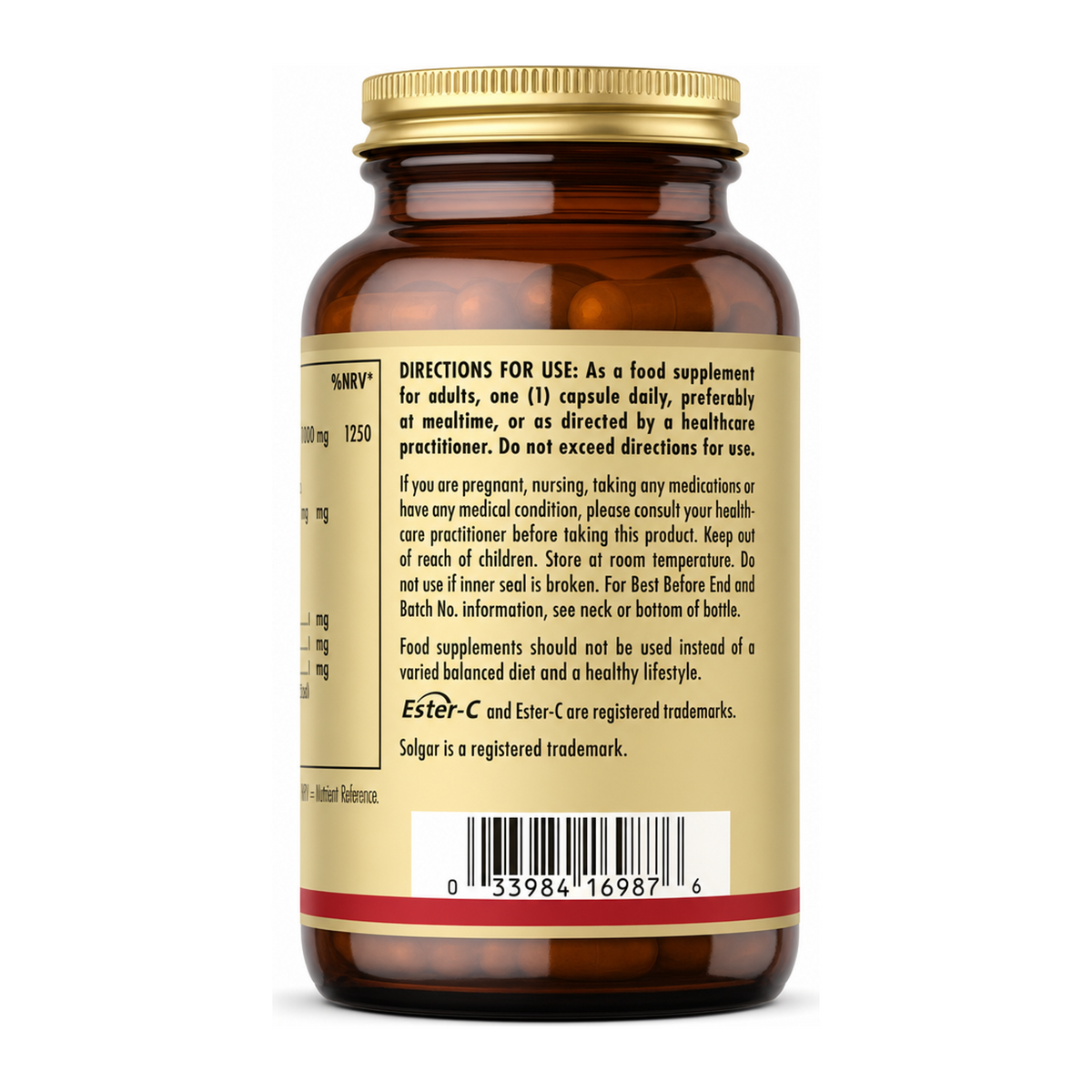 Solgar Ester-C 1000 mg Vitamin C by Solgar Natural Remedies — back view showing ingredients and product details, studio product photo on white background