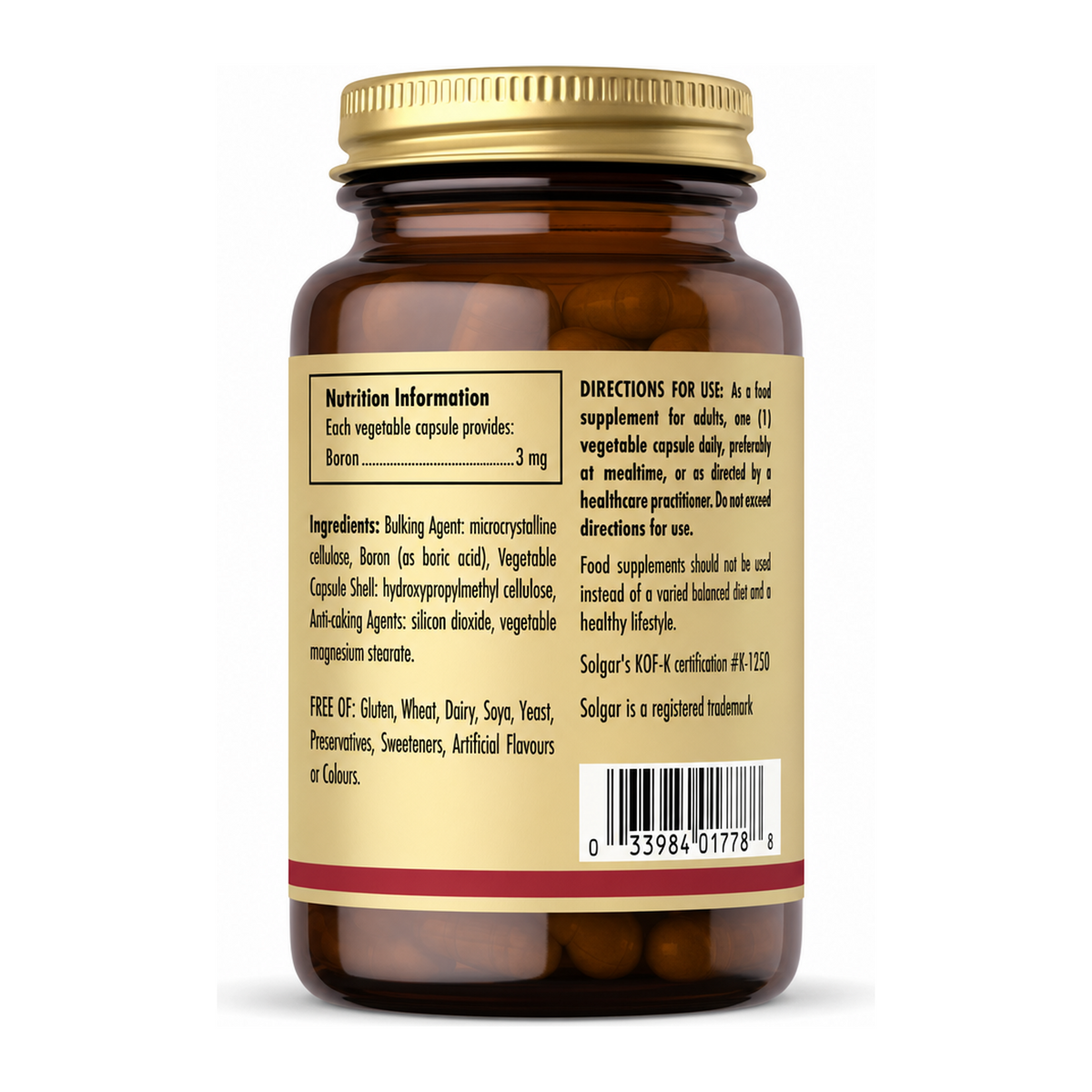 Solgar Boron 3 mg by Solgar Natural Remedies — back view showing ingredients and product details, studio product photo on white background