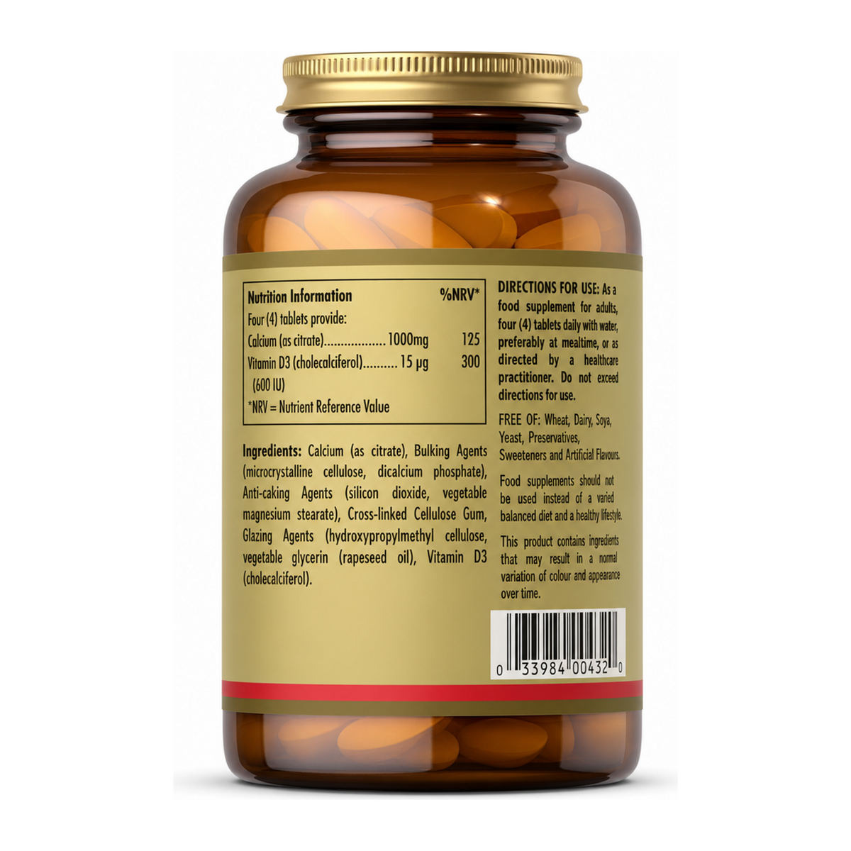 Solgar Calcium Citrate with Vitamin D3 by Solgar Natural Remedies — back view showing ingredients and product details, studio product photo on white background