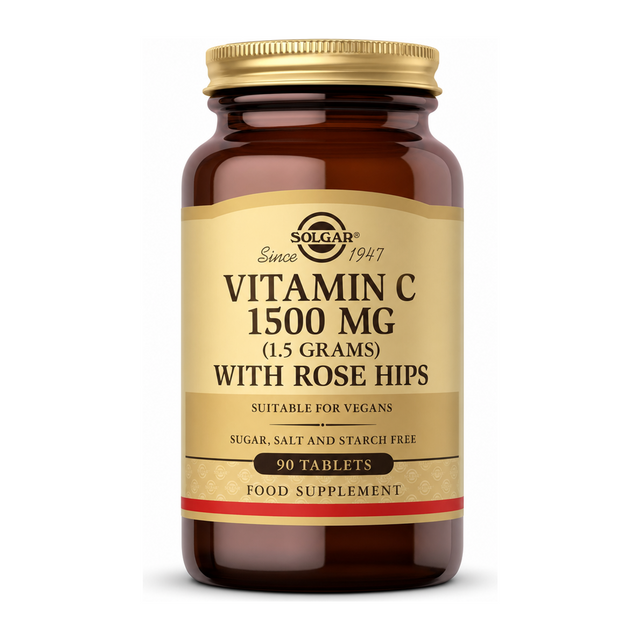 Solgar Vitamin C 1500 mg with Rose Hips by Solgar Natural Remedies — front view showing product label and branding, studio product photo on white background