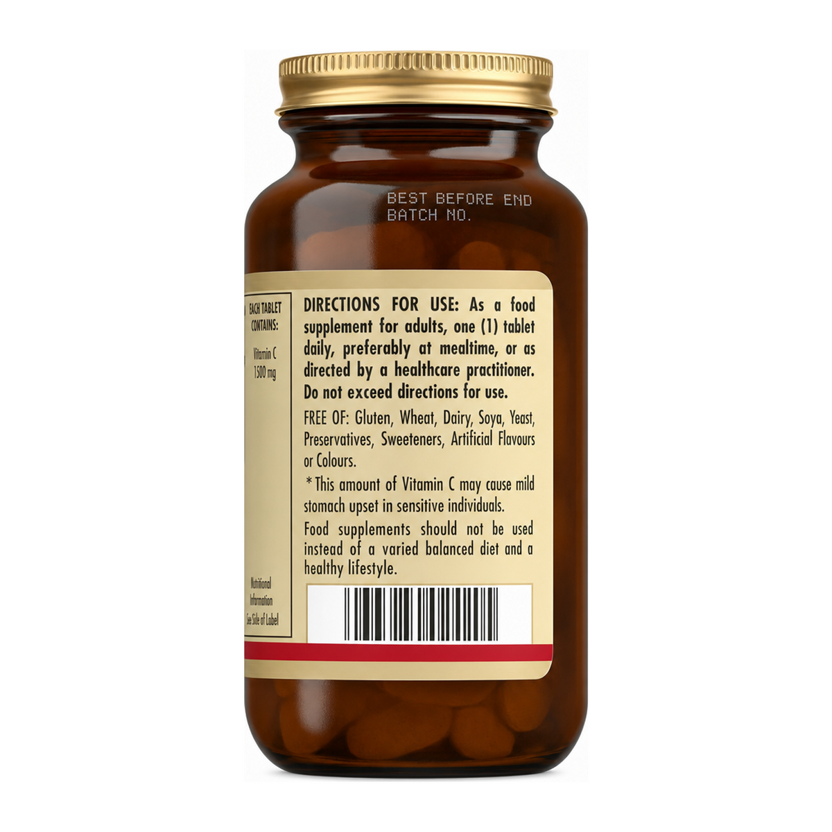 Solgar Vitamin C 1500 mg with Rose Hips by Solgar Natural Remedies — back view showing ingredients and product details, studio product photo on white background