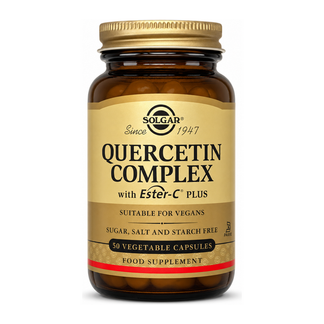 Solgar Quercetin Complex with Ester-C Plus by Solgar Natural Remedies — front view showing product label and branding, studio product photo on white background