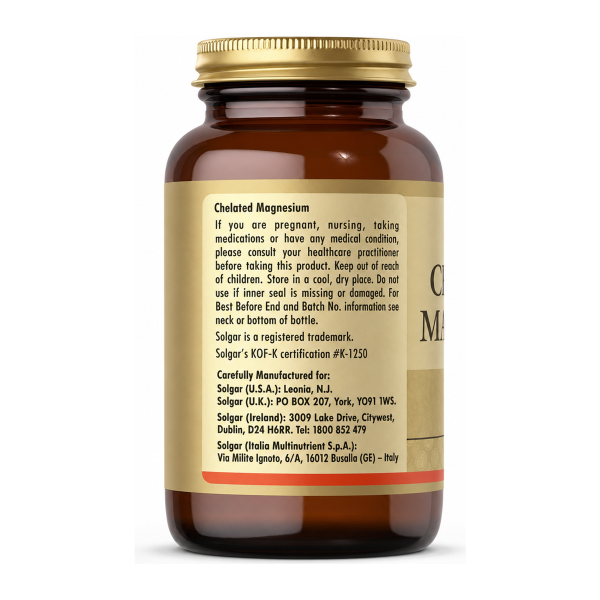 Solgar Chelated Magnesium by Solgar Natural Remedies — back view showing ingredients and product details, studio product photo on white background