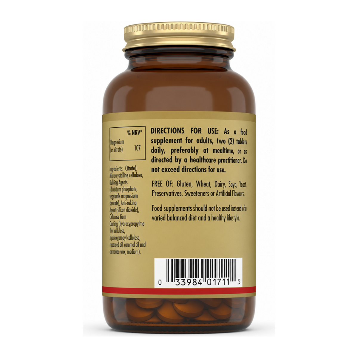 Solgar Magnesium Citrate by Solgar Natural Remedies — back view showing ingredients and product details, studio product photo on white background