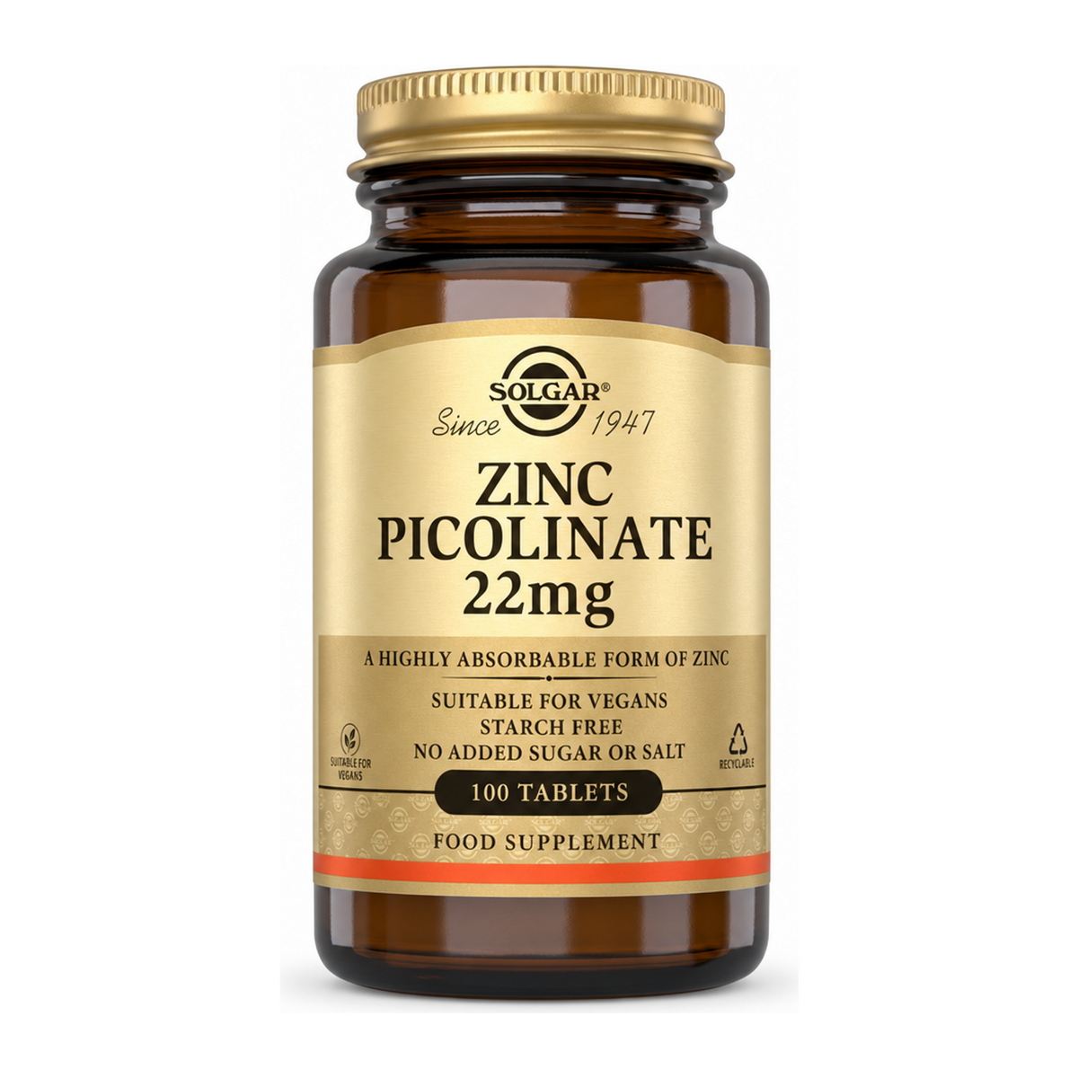 Solgar Zinc Picolinate 22 mg by Solgar Natural Remedies — front view showing product label and branding, studio product photo on white background