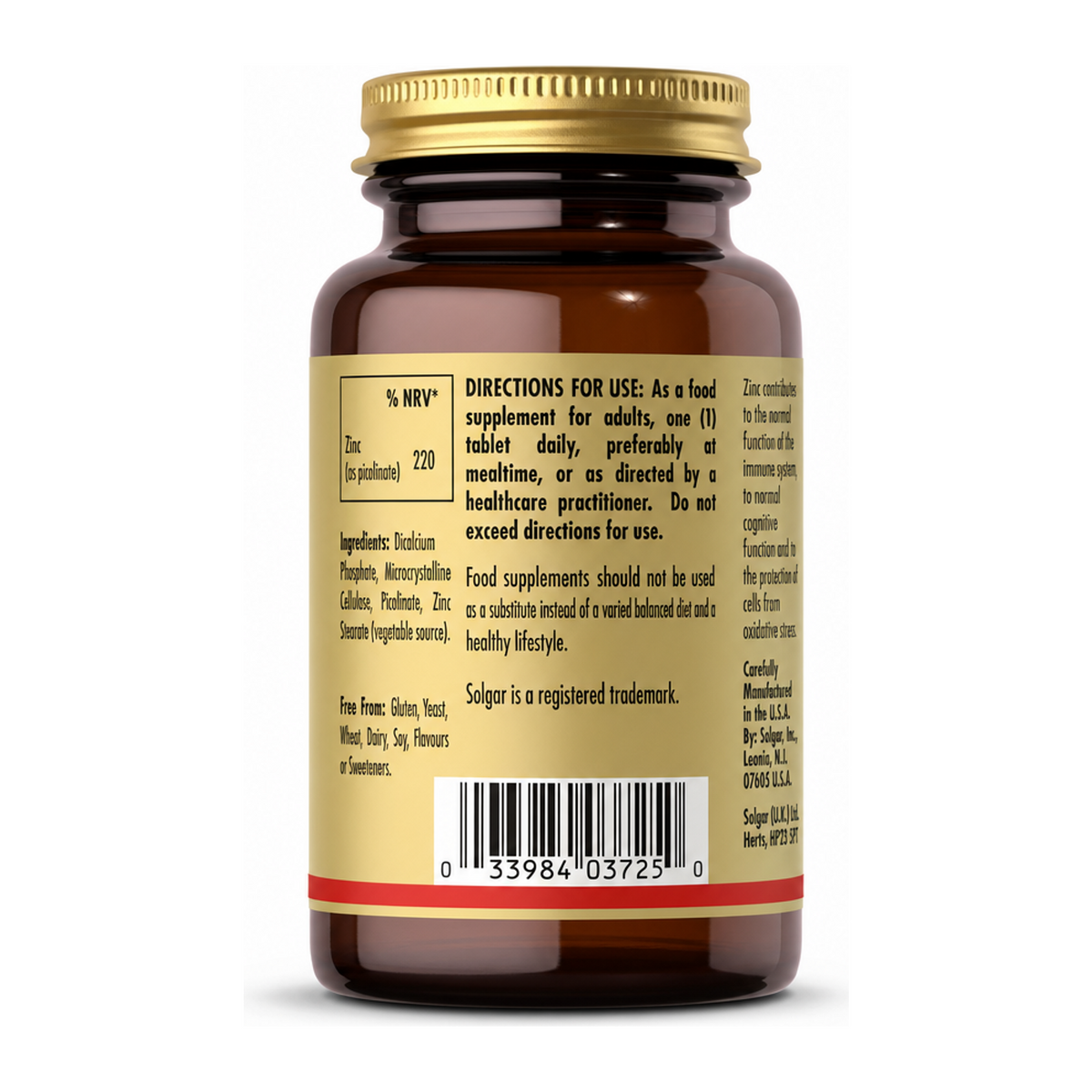 Solgar Zinc Picolinate 22 mg by Solgar Natural Remedies — back view showing ingredients and product details, studio product photo on white background
