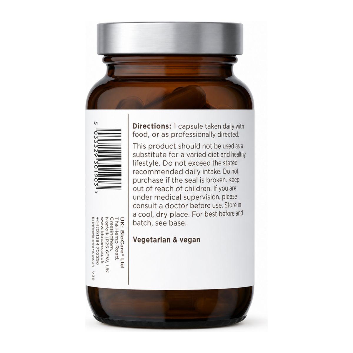 Biocare Potassium Citrate 90 capsules by BioCare Natural Remedies — back view showing ingredients and product details, studio product photo on white background