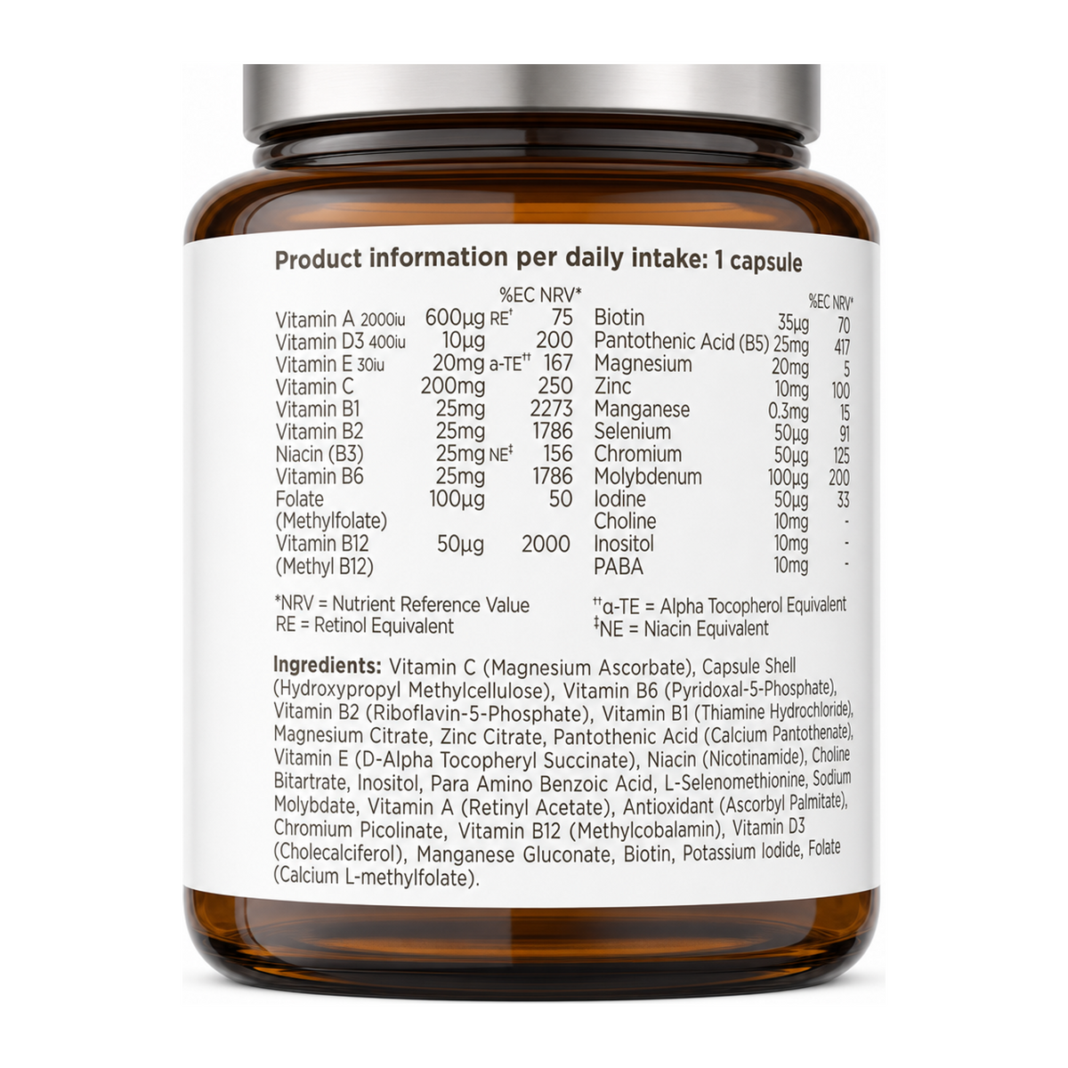 Biocare Adult Multivitamins & Minerals by BioCare Natural Remedies — nutrition facts side panel, studio product photo on white background