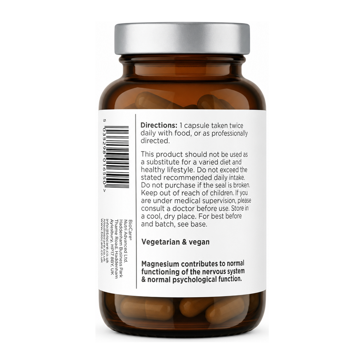 Biocare Magnesium Glycinate 60 Capsule by BioCare Vitamin & Mineral Supplements — back view showing ingredients and product details, studio product photo on white background