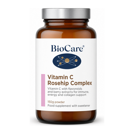 Biocare Vitamin C Rosehip Complex by BioCare Natural Remedies — front view showing product label and branding, studio product photo on white background