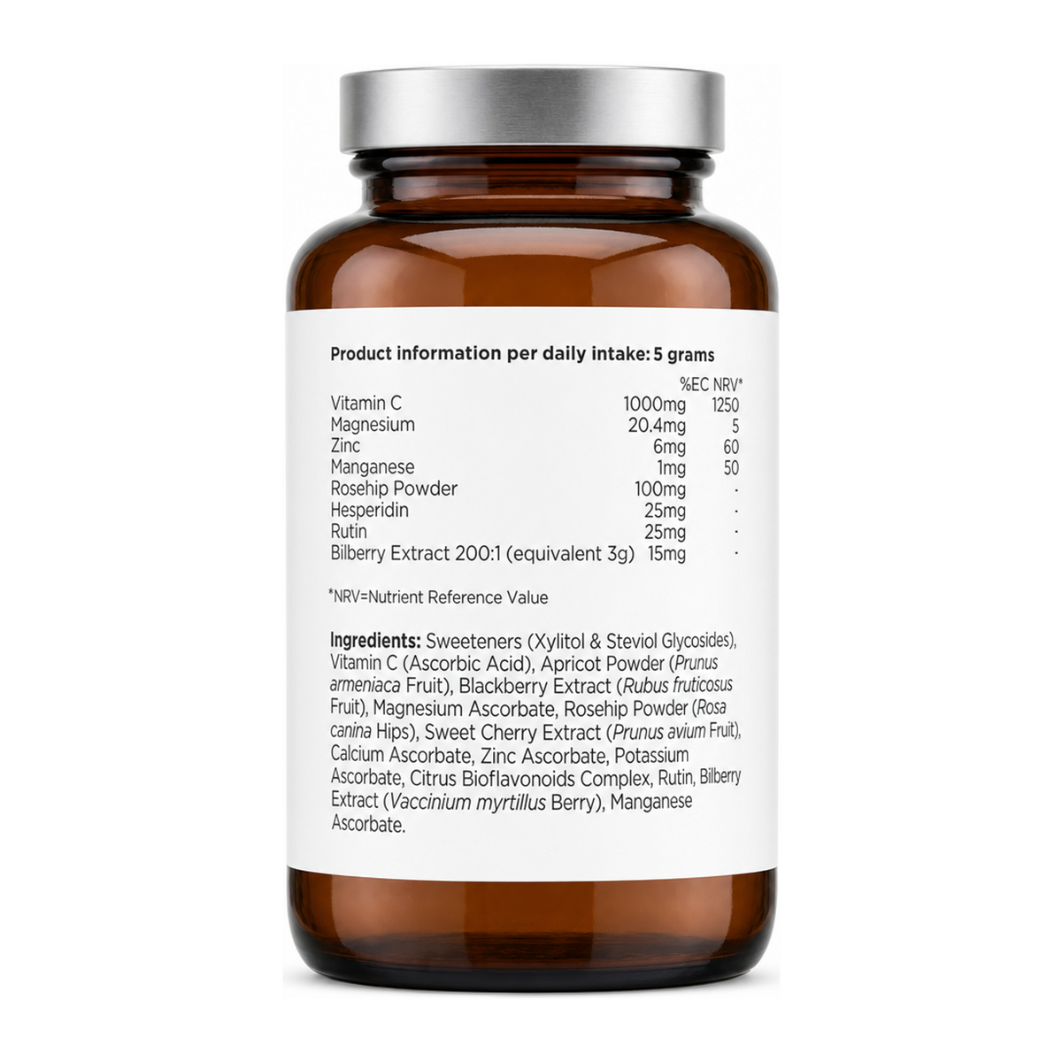 Biocare Vitamin C Rosehip Complex by BioCare Natural Remedies — back view showing ingredients and product details, studio product photo on white background