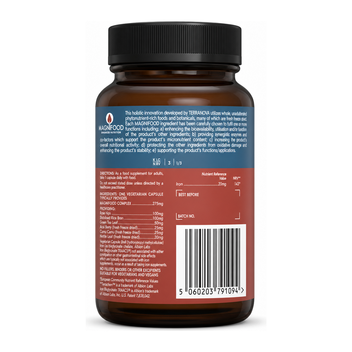 Terranova Easy Iron 20mg Complex by Terranova Natural Remedies — back view showing ingredients and product details, studio product photo on white background