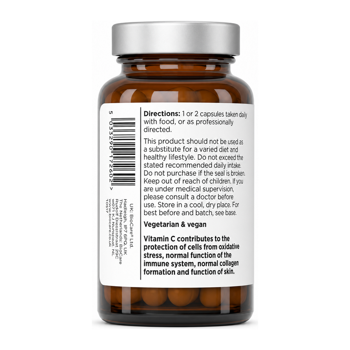 Biocare Vitamin C 500mg 60 Vcaps by BioCare Natural Remedies — back view showing ingredients and product details, studio product photo on white background