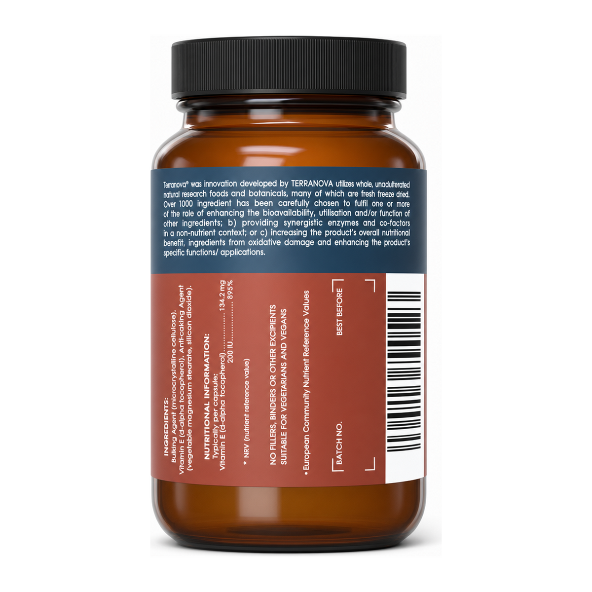 Terranova Vitamin E 200Iu Complex by Terranova Natural Remedies — back view showing ingredients and product details, studio product photo on white background