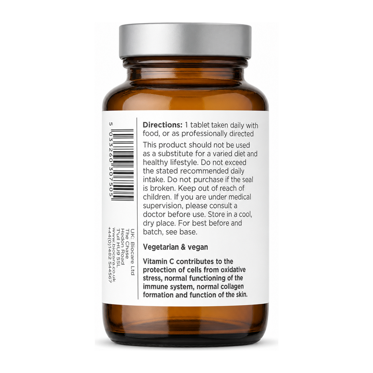 Biocare Vitamin C 1000mg 30 Tablets by BioCare Natural Remedies — back view showing ingredients and product details, studio product photo on white background