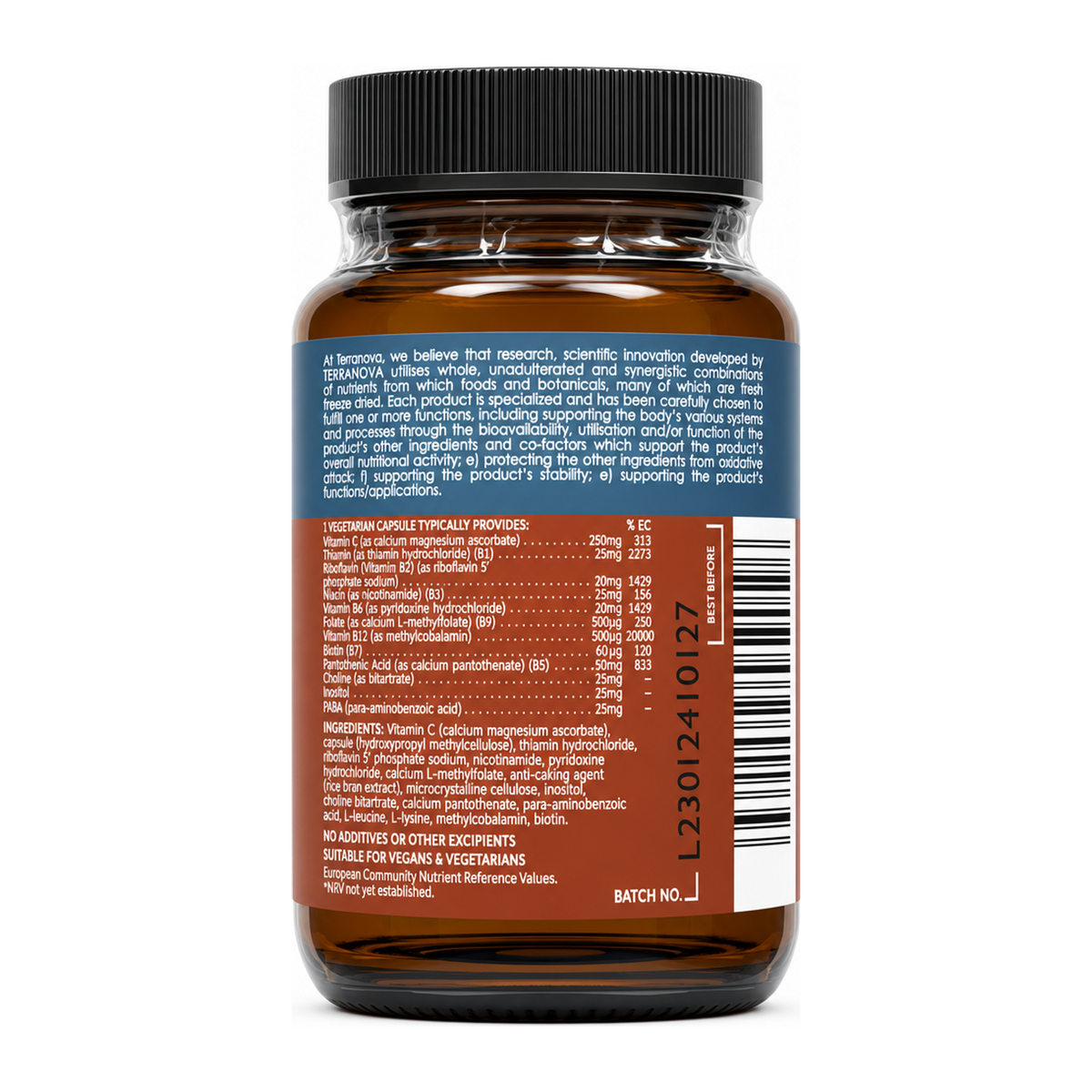 Terranova B-Complex with Vitamin C by Terranova Natural Remedies — back view showing ingredients and product details, studio product photo on white background