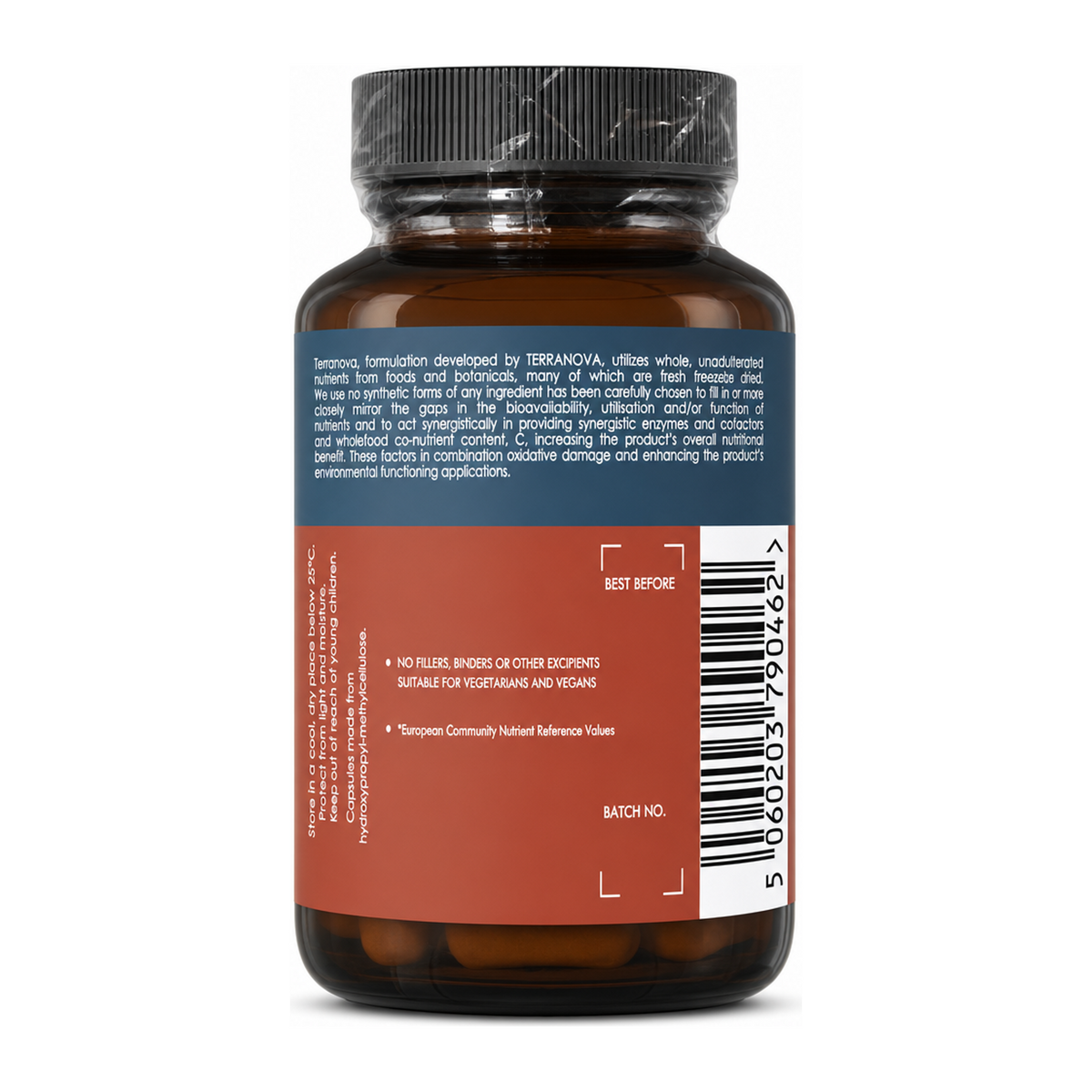 Terranova Vitamin D3 2000 IU Complex by Terranova Natural Remedies — back view showing ingredients and product details, studio product photo on white background