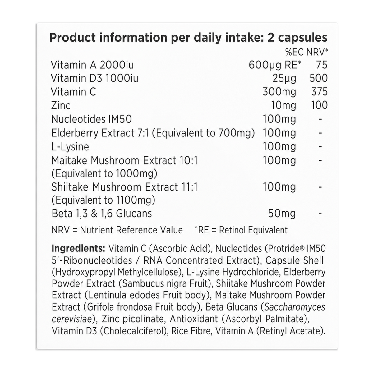 Biocare Immune Complex by BioCare Natural Remedies — nutrition facts side panel, studio product photo on white background