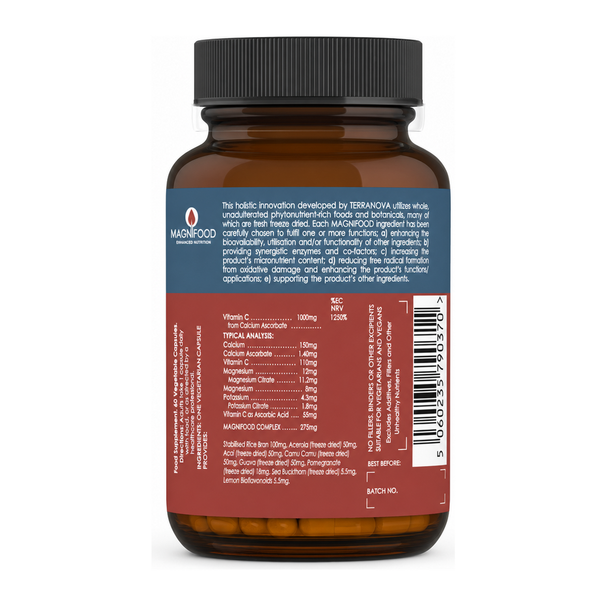Terranova Vitamin C 250mg Multi-Ascorbate Complex by Terranova Natural Remedies — back view showing ingredients and product details, studio product photo on white background