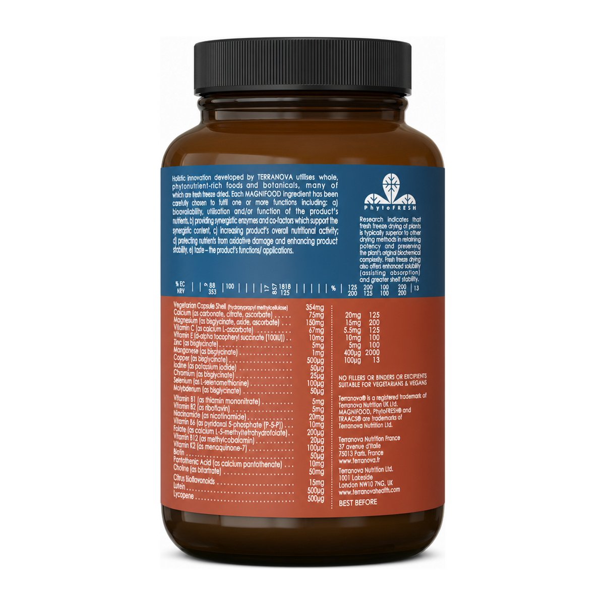 Terranova Living Multivitamin Woman by Terranova Natural Remedies — back view showing ingredients and product details, studio product photo on white background