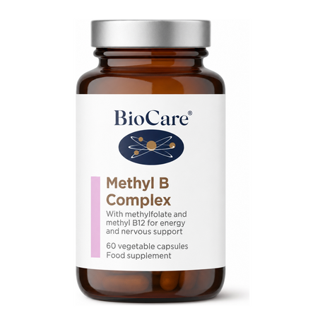 Biocare Methyl B Complex Capsules by BioCare Vitamin & Mineral Supplements — front view showing product label and branding, studio product photo on white background