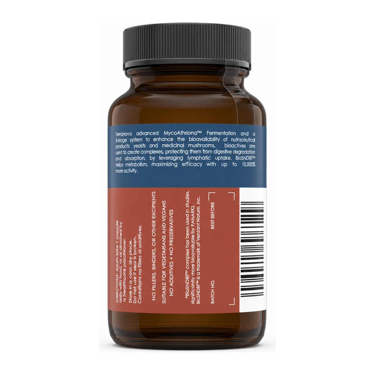 Terranova NextGen CoQXorb™ CoQ10 Complex by Terranova Natural Remedies — back view showing ingredients and product details, studio product photo on white background